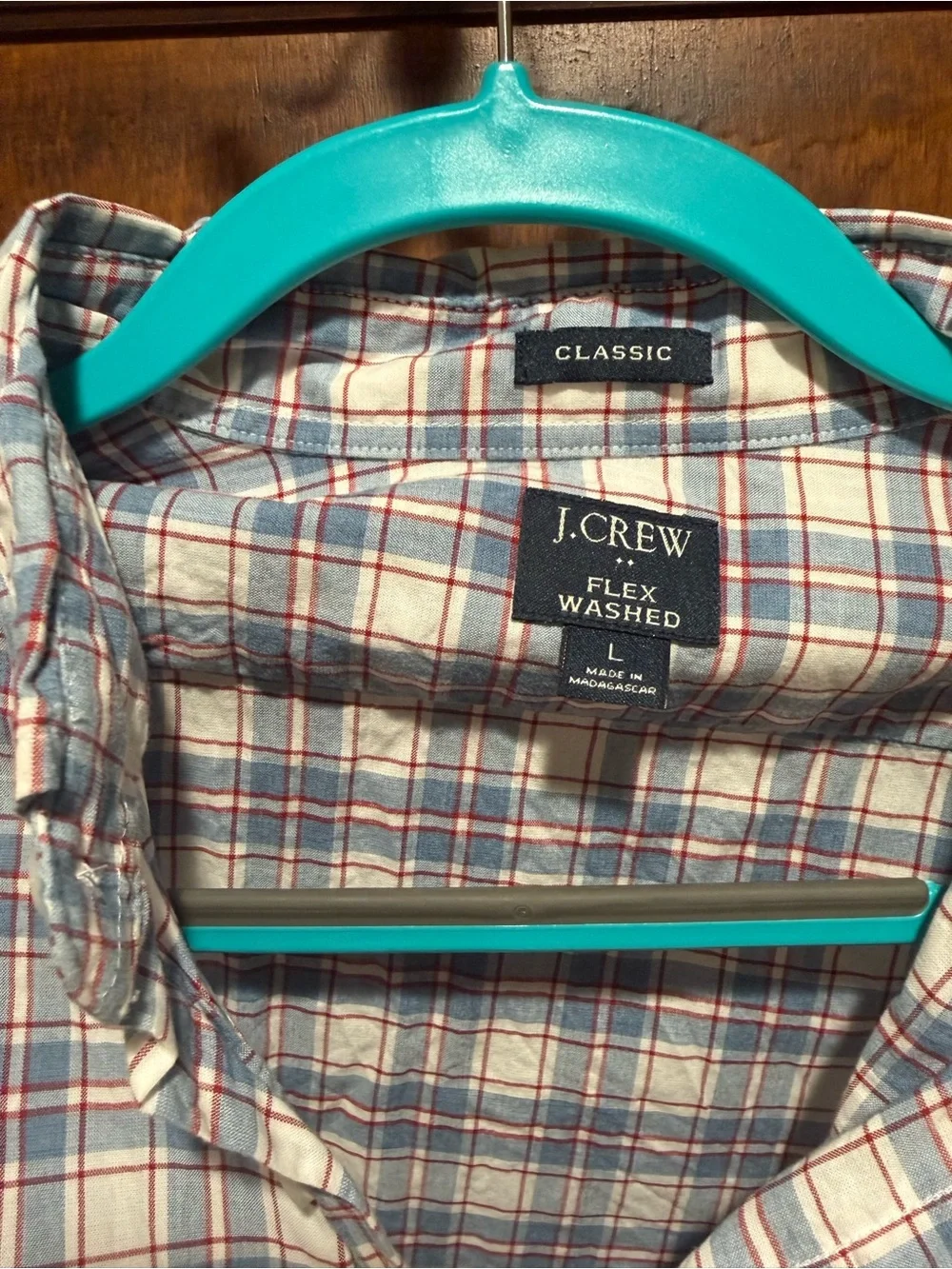 J. Crew Blue and White Plaid Button-Down Shirt with Red Accents
